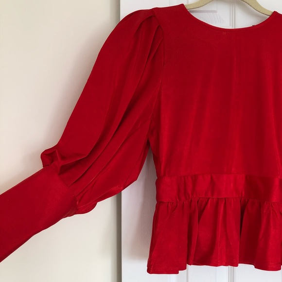 Red Fashion Nova Peplum top with Puff Sleeves - Picture 2 of 8